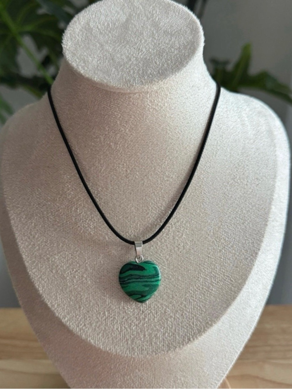Green Faux Malachite Heart Pendant Black Cord Necklace